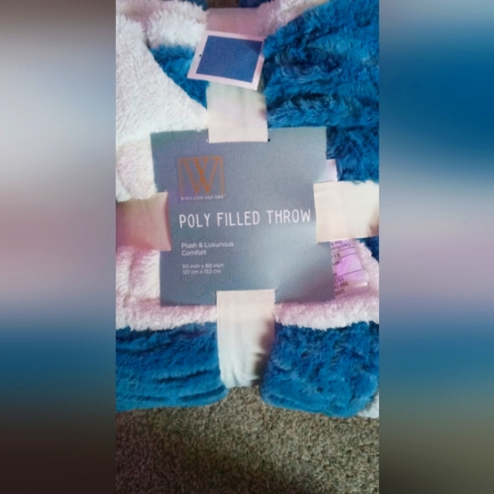 Blue and White Poly-Filled Plush Throw Blanket -